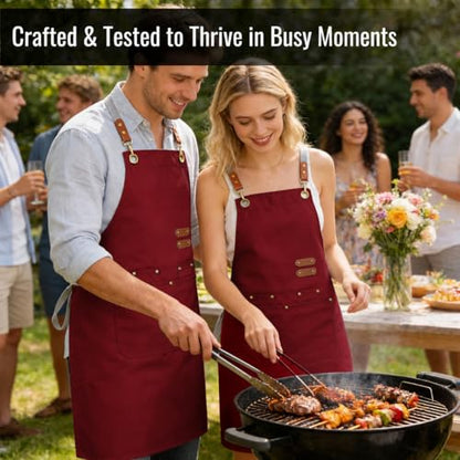 Aoomzoon Durable Kitchen Apron,Multifunctional Chef Aprons for Women & Men with Pockets for Cooking Baking & Daily Use - color: Red