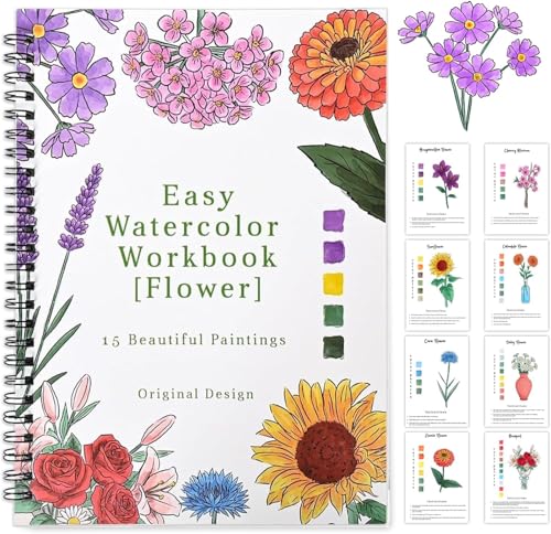 Watercolor Workbook for Beginner,15 Flower Patterns of Original DIY Designs,Beginner-Friendly Water Color Workbooks,Water Coloring Book for Adults - color: Flower without Palette