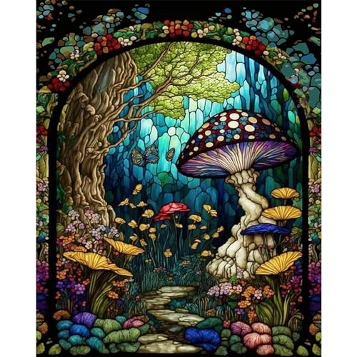xackcme Mushroom Paint by Numbers for Adults - Stained Glass Paint by Number on Canvas Without Frame, DIY Oil Painting for Gift Home Wall Decor (16x20 inch) - color: MT12360