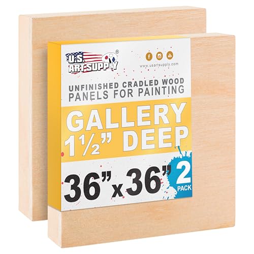 U.S. Art Supply 36" x 36" Unfinished Cradled Wood Panels for Painting, Gallery 1-1/2" Deep (2 Pack) - Artist Depth Wooden Wall Canvases - Mixed-Media Craft, Acrylic, Oil, Encaustic, Paint Pouring - size: 36" x 36", style: Square