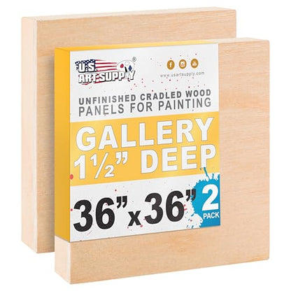 U.S. Art Supply 36" x 36" Unfinished Cradled Wood Panels for Painting, Gallery 1-1/2" Deep (2 Pack) - Artist Depth Wooden Wall Canvases - Mixed-Media Craft, Acrylic, Oil, Encaustic, Paint Pouring - size: 36" x 36", style: Square