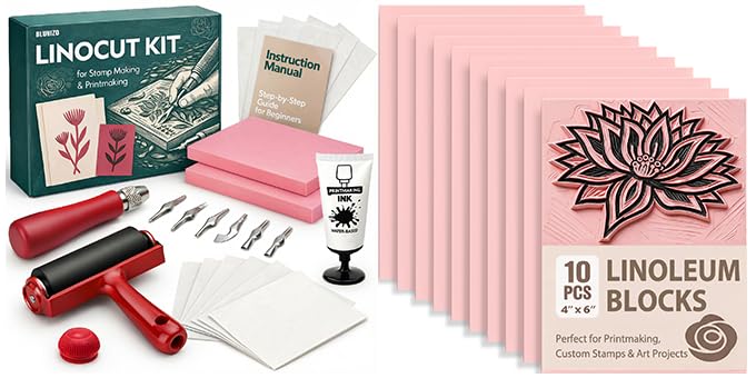 Bluvizo Linocut Tools Block Printing Kit: Stamp Carving Printmaking Kit Supplies with Ink, 12 Rubber Blocks, Brayer, Linoleum Cutters, Tracing Papers, Instruction for Beginners Hobby DIY Gift