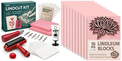 Bluvizo Linocut Tools Block Printing Kit: Stamp Carving Printmaking Kit Supplies with Ink, 12 Rubber Blocks, Brayer, Linoleum Cutters, Tracing Papers, Instruction for Beginners Hobby DIY Gift