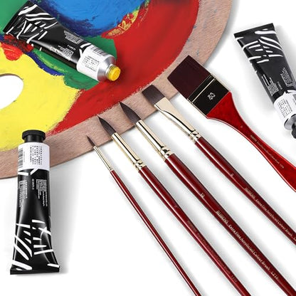 rubens Acrylic Paint Brushes, 5 Pcs Professional Paint Brushes Set, Long Wooden Handles Artist Series Brushes Nylon Bristles with Wide Flat, Flat, Round for Acrylic Oil Gouache Watercolor Painting - size: Round 1,8,12, Flat 8, Wide Flat 2