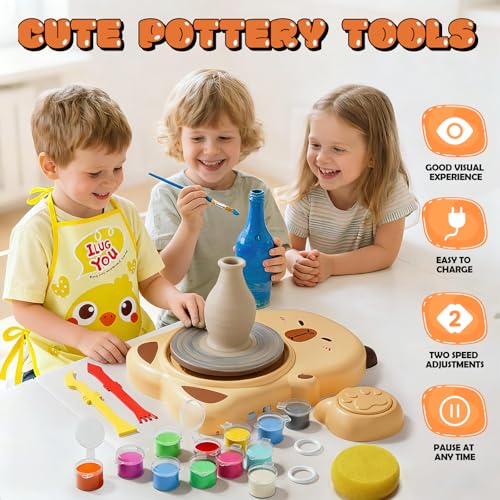Skirfy Mini Pottery Wheel Machine Kit for Beginners Kids with Light,Electric Ceramic Wheel with Foot Pedal&Painting Kit, Adjustable Speed,Clay Spinner DIY Tools for Art Craft Birthday (Brown) - color: brown