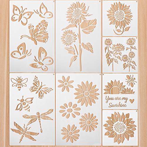 8 Pieces Sunflower Butterflies Painting Stencils Flower Butterfly Stencil Kit for Painting on Wood Wall Canvas You are My Sunshine Reusable Plastic Template for Door Home Decoration