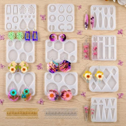 Resin Earring Molds,Resin Jewelry Molds with 10 Packs Variety Shape Resin Molds Silicone,Earring Silicone Molds for resi n Pendant, Earrings,Keychains(Included 40Pcs earringhooks) DIY Gift - color: Earring Molds