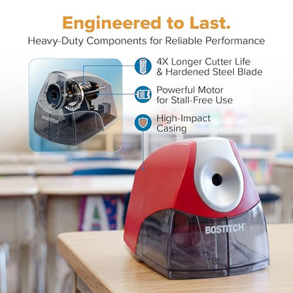 Bostitch Office Electric Pencil Sharpener for Classroom & Desk Use, Heavy-Duty Stall-Free Motor, High-Capacity Shavings Tray, Red - color: Red