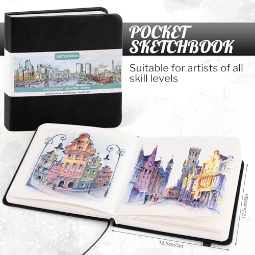 Prudiut Pocket Sketchbook 5 x 5 in, Hardcover, 80 Sheets, Black | 160gsm acid-free paper, elastic closure and ribbon bookmark, compact travel size for sketching on the go - color: Black