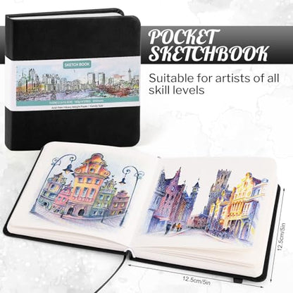 Prudiut Pocket Sketchbook 5 x 5 in, Hardcover, 80 Sheets, Black | 160gsm acid-free paper, elastic closure and ribbon bookmark, compact travel size for sketching on the go - color: Black
