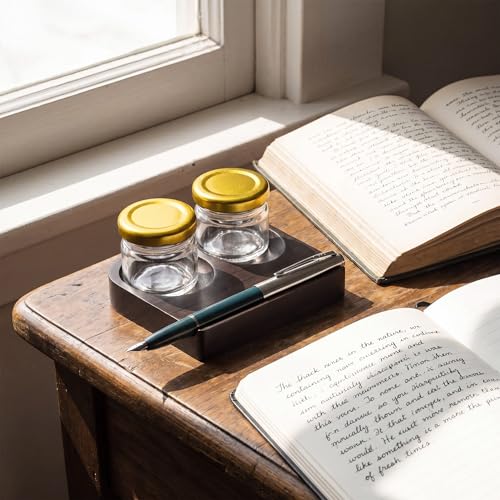 3 Pcs Wooden Tilting Calligraphy Pen Holder with 2 Empty Glass Ink Bottle 4 Inch Calligraphy Oblique Nib Holder Stand Base with Dual Slot Design Desktop Tabel Decoration for Dip Pen