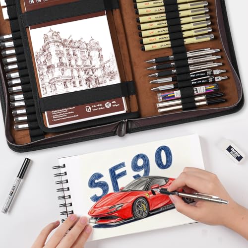 Nicpro 58 PCS Art Drawing Supplies Kit in Leather Case, Art Mechanical Pencil Set with Metal Drafting Pencil 0.3 & 0.5 & 0.7 & 0.9 & 2mm, 12 Micron Pen, Sketch Book, 30 Tube Lead Refills for Sketching