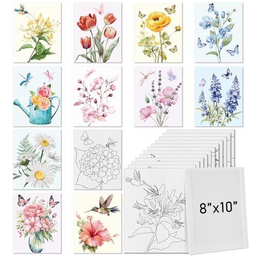Tinlade 12 Pcs 7.9 x 9.8 Inch Pre Drawn Canvases for Painting Pre Stretched Canvas DIY Coloring Outline Painting Boards for Beginners Adults (Elegant Style) - size: Elegant Style