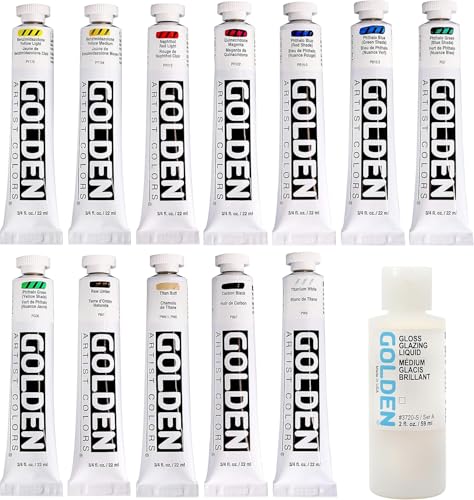 GOLDEN Heavy Body Acrylic Paint Set, 12 Color Professional Acrylic Paint Set, Twelve 3/4 Fl Oz Tubes with 2 Fl Oz Gloss Glazing Liquid, Bundle with Sticky Notes