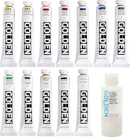 GOLDEN Heavy Body Acrylic Paint Set, 12 Color Professional Acrylic Paint Set, Twelve 3/4 Fl Oz Tubes with 2 Fl Oz Gloss Glazing Liquid, Bundle with Sticky Notes