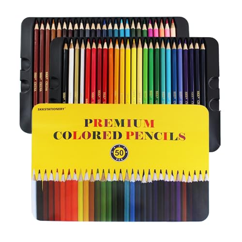 SKKSTATIONERY 50Pcs Colored Pencils, Packing in Tin, 50 Vibrant Colors, Drawing Pencils for Back to school, Sketch, Arts, Coloring Books