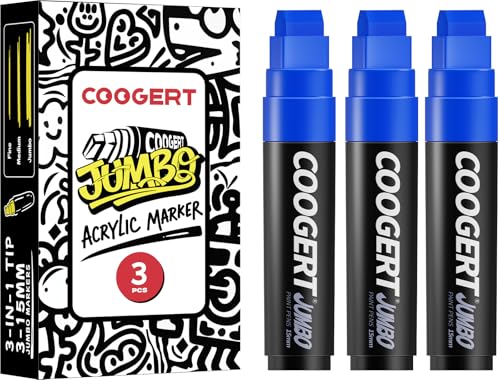 Coogert 3Pcs Blue Jumbo Poster Markers, 15MM Thick Permanent Acrylic Graffiti Markers, Wide Tip Paint Marker for Canvas, Posters Board, Fabric, Window, Glass, Wood, Teachers,Banner painting supplies - color: Blue