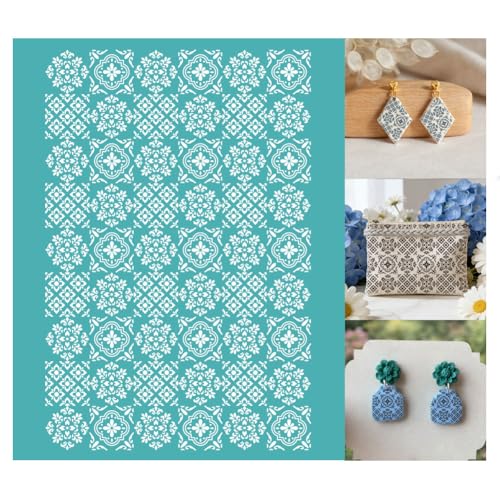 2 Sheets Tile Pattern Silk Screen Stencil, Damask Floral Self-Adhesive Silk Screen Printing Stencils Reusable Mesh Stencil for Painting on Wall, Wood, T-Shirt, Home Craft Decor - style: Tile Pattern