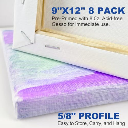 Halobios Stretched Canvases for Painting, 8 Packs 9X12 Inch Canvases for Acrylics,Oils & Other Painting Media, 5/8 Inch Profile 100% Cotton Primed Artist Framed Canvas - size: 8 Pack - 9×12IN