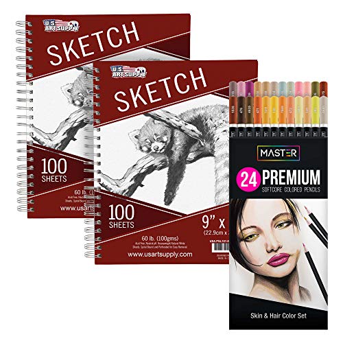 Master 24 Colored Pencil Skin and Hair Tone Set with Premium Soft Thick Core Vibrant Color Leads Bundle with 9" x 12" Side Spiral Bound - 60lb Sketch Drawing Pad (Pack of 2 Pads) - 100 Sheets per pad