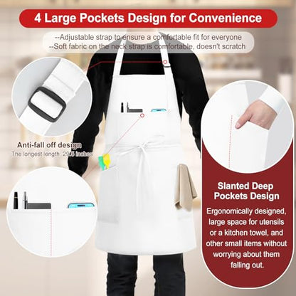 SHEOMERN 3 Pcs Dual Waterproof Oilproof Kitchen Chef Aprons with 4 Pockets for Men Women, Adjustable Soft Anti-Tear Cooking Bib Apron for Baking Grilling BBQ Painting Cleaning (White) - color: White