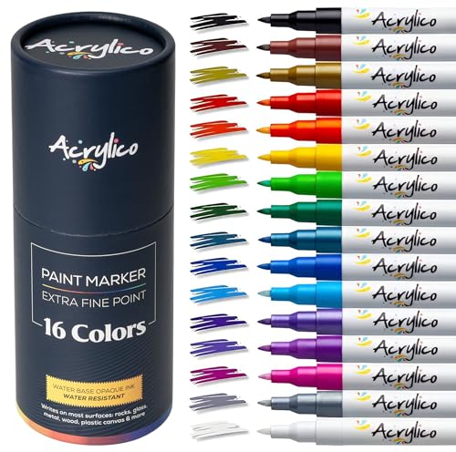 Acrylic Paint Markers Set of 16 Paint Pens – Fine Tip for Fabric, Rock, Metal, Ceramic, Adult Coloring & Art Projects – Art Supplies for Kids & Adults - size: Fine Tip (Pack of 16)