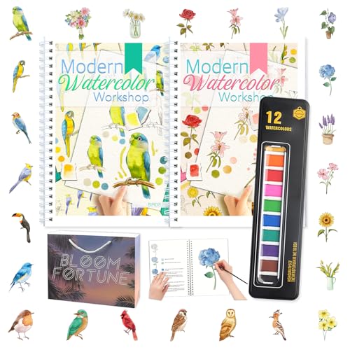 apolyone 2-Pack Beginner Watercolor Workbooks: 24 Coloring Pages + 12 Watercolor Paints + Brush – 300gsm/140lb Paper – Gift for Women, Adults & Beginners (Birds & Flower) - style: Birds & Flower