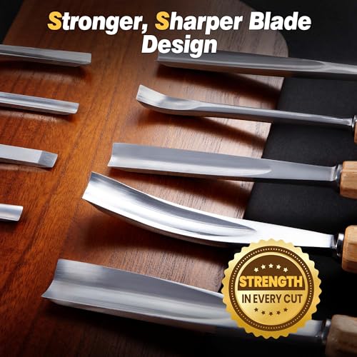Wood Carving Tools, Wood Carving Kit of 12 Chisels, 1 Nylon Hammer & Leather Bag, CR-V Wood Chisel Set Whittling Kinves Kit, Carving Knife Set for Beginners, Carpenters
