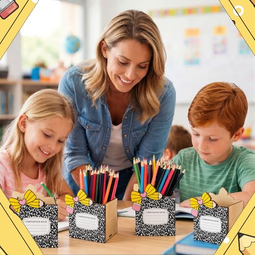 Zhehao 6pcs Composition Book Pencil Holders for Desk Back to School Notebook Wooden Pen Storage Organizer, Cute Desktop Pencil Cup, Stationery Pot Bulk for Back to School Classroom Office Supplies - style: Composition Book