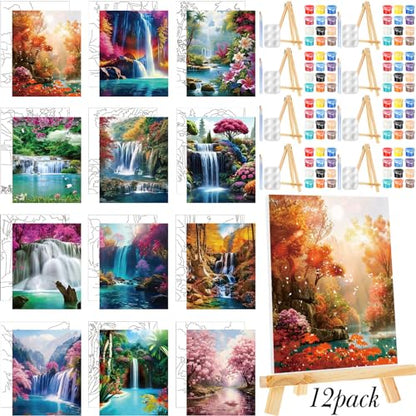 Zhanmai 72 Pcs 12 Sets Sip and Paint Kit Pre Drawn Canvas for Painting 8" x 10" Paint Party Canvas Painting Pre Printed Canvases for Party Favor DIY Virtual Adult's Date Night(Realistic Landscape) - style: Realistic Landscape