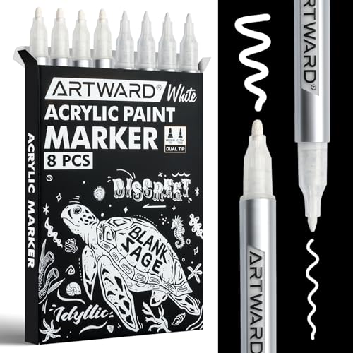 White Acrylic Paint Markers 8 Pack, Dual Tip 0.7mm & 3mm Acrylic Paint Pens, for Rock, Wood, Glass, Canvas, Ceramic, Metal, DIY Crafts - color: White