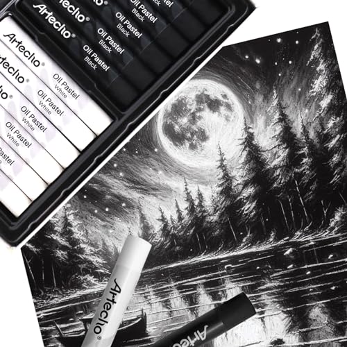 Artecho Oil Pastels Set of 12 PCS, 6 White and 6 Black (10 x 70 mm) | Crayons for Art Painting, Drawing, Blending - style: White and Black