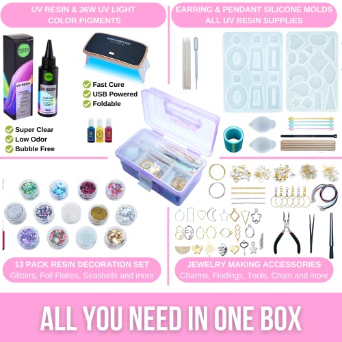MODDA UV Resin Jewelry Making Kit, UV Lamp & Video Course Included, DIY Resin Kit for Adults, Teen Girls, Beginners with Molds, Glitters & Accessories - color: UV RESIN -JEWELRY MAKING KIT