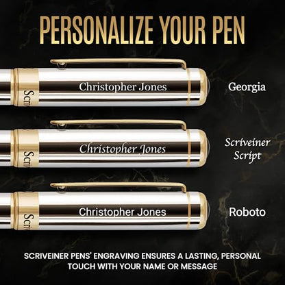 Scriveiner Personalized Silver Chrome Ballpoint Pen - Stunning Luxury Pen, Real Gold Plating, Schmidt Ink Refill, Best Engraved Ball Point Gift Set for Men & Women, Custom Name Engraving - color: 9. Silver Chrome with Gold (Personalized)