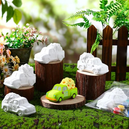 JellyArch 6 Set Ceramic Painting Kit DIY Ceramic Truck with Flowers Crafts Include Lavender, Daisy, Daffodil, Rose, Tulip, Sunflower Statues Brush and Bag for Adult Holiday Birthday Party Decor - style: Spring