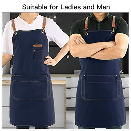 Chef Apron with Cross Back Straps for Men Women, Cotton Canvas Apron for Artists Painting, Kitchen Cooking - color: Navy, 6pack