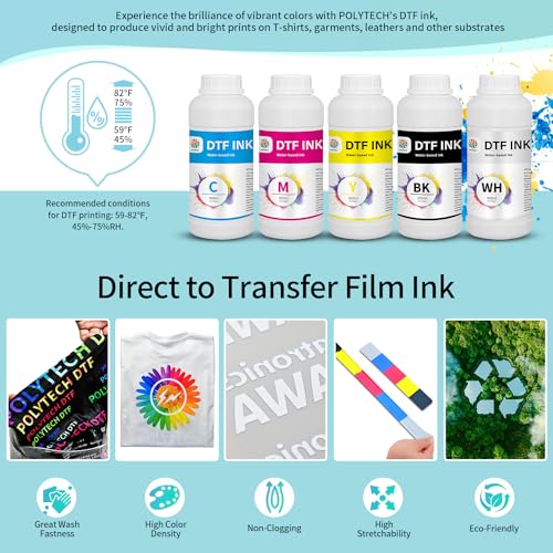 Polytech DTF Ink 6x500ML, Heat Transfer Printing Direct to Film, DTF Transfer Ink for PET Film, High Coverage Refillable DTF Ink for All DTF Printers High Accuracy, Good Printability - size: CMYKW 6x500ML