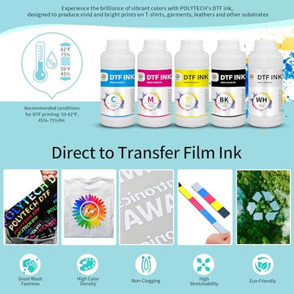 Polytech DTF Ink 6x500ML, Heat Transfer Printing Direct to Film, DTF Transfer Ink for PET Film, High Coverage Refillable DTF Ink for All DTF Printers High Accuracy, Good Printability - size: CMYKW 6x500ML