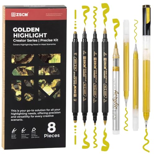 8 Pack Gold Acrylic Ink Pens for Drawing, Fine Point Gold Gel Pens, Brush Tip Markers，Dual-Tip Opaque Acrylic Markers for Black Paper Highlighting Drawing, Sketching, Illustration, Card Making - color: 8 Gold