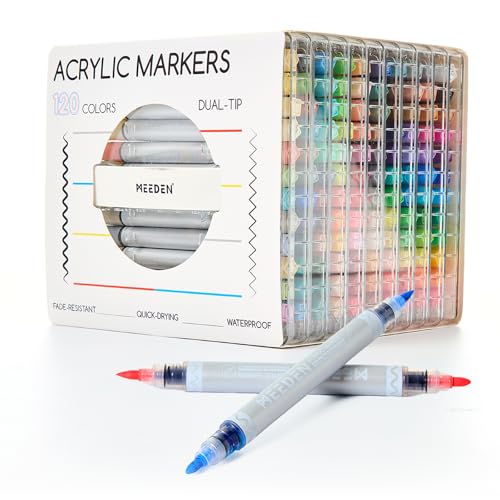 MEEDEN Artist Acrylic Paint Markers: 120 Colors Dual Tip Acrylic Marker with Brush & Round Tip for Art Supplies - Quick Dry Paint Pens with Automatic Ink Control for Wood, Canvas, Glass, Rock, Fabric - color: 120 Codors
