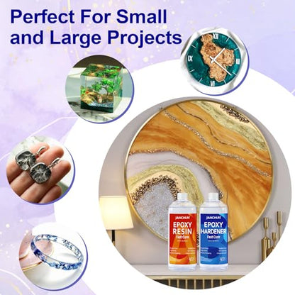 JANCHUN Crystal Clear Epoxy Resin Kit 32OZ, Bubble-Free, Anti-Yellowing, Self Leveling Easy Mix 1:1 Coating and Casting Resin for Table Top, Molds, Tumbler Crafts, Painting, Jewelry, DIY Gifts - size: 32oz