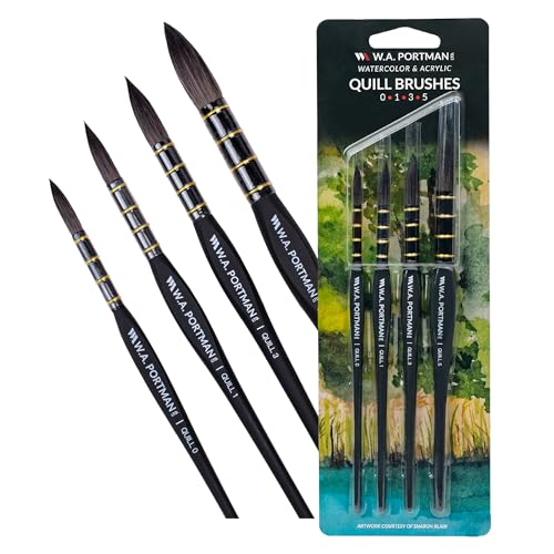 WA Portman Quill Round Watercolor Brushes Professional 4pc Set – 100% Vegan, Cruelty-Free Synthetic Squirrel Hair Watercolor Brushes Set with Triangular Comfort Grip – Precision Art Brush for Artists - color: Quill