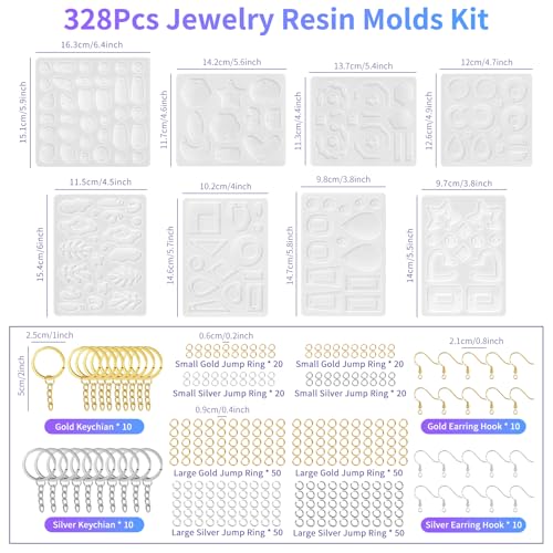 Epoxy Resin Earring Molds, 328 PCs UV Resin Jewelry Molds Kit with Holes, Variety Shapes Keychain Pendant Necklace Bundle Complete Set Clearance, Silicone Molds for Teen Female - color: 328pcs Jewelry Molds