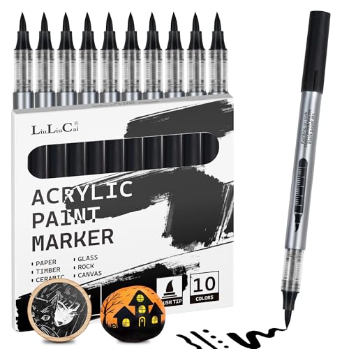 10 Pcs Black Acrylic Paint Markers, Direct Liquid Black Paint Pens for Drawing, Brush Tip Acrylic Markers for Pumpkin, Christmas Art, Rock Painting, Wood, Canvas, Glass, Fabric, Egg, DIY Craft - color: 10 Black
