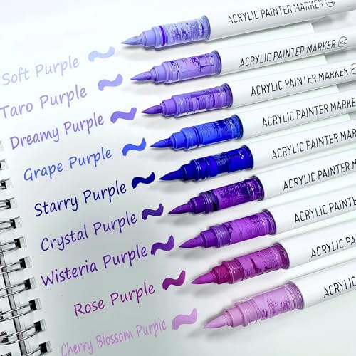 Brush Tip Acrylic Markers, 9 Colors Water Based Acrylic Paint Pens for Rock Painting, Journaling, Wood, Glass, Adult Coloring Books, Art & Journaling Supplies (Monet Purple Series) - style: Monet Purple Series