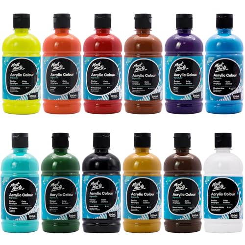 Mont Marte Signature Basic Color Acrylic Paint Set, 16.9oz (500ml), Semi-Matte Finish,Suitable for Canvas, Wood, Fabric, Leather, Cardboard, Paper, MDF and Crafts - color: basic colour, size: 202.8 Fl Oz (Pack of 1)