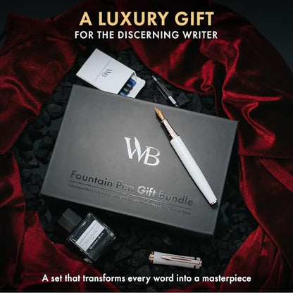 Wordsworth & Black Fountain Pen Set,18K Gilded Medium & Extra Fine Nib,25ML Black Ink Bottle,6 Ink Cartridges,Refill Converter,Gift Box,Smooth Writing Pen [White Rose Gold],Gift Set for Men and Women - color: White Rose Gold