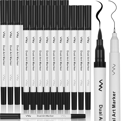 Affrolling 20 Pcs Black Drawing Pens Bulk Dual Brush Fineliners Pens Felt Tip Markers for Art Drawing Sketching