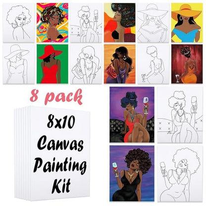 8 Pack Pre Drawn Canvas for Painting for Adults Sip and Paint Party Supplies Painting Kit 8x10 Stretched Outline Canvas Paint Party Favor for Artist Beginners - size: 8x10, style: Chic Girl, without Frame