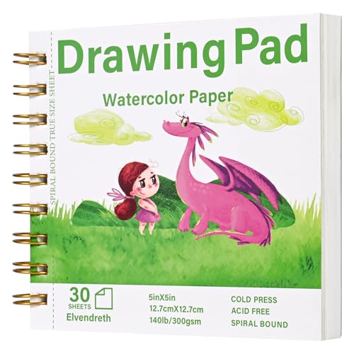 Elvendreth Water Color Paper Pad 5x5 Inch 30 Sheets Cold Press Paper (140lb/300gsm), Spiral Bound/Tear Line Watercolor Sketchbook for Smaller - Sized Exercises or Travel for Art Drawing Supplie - size: 5×5 in